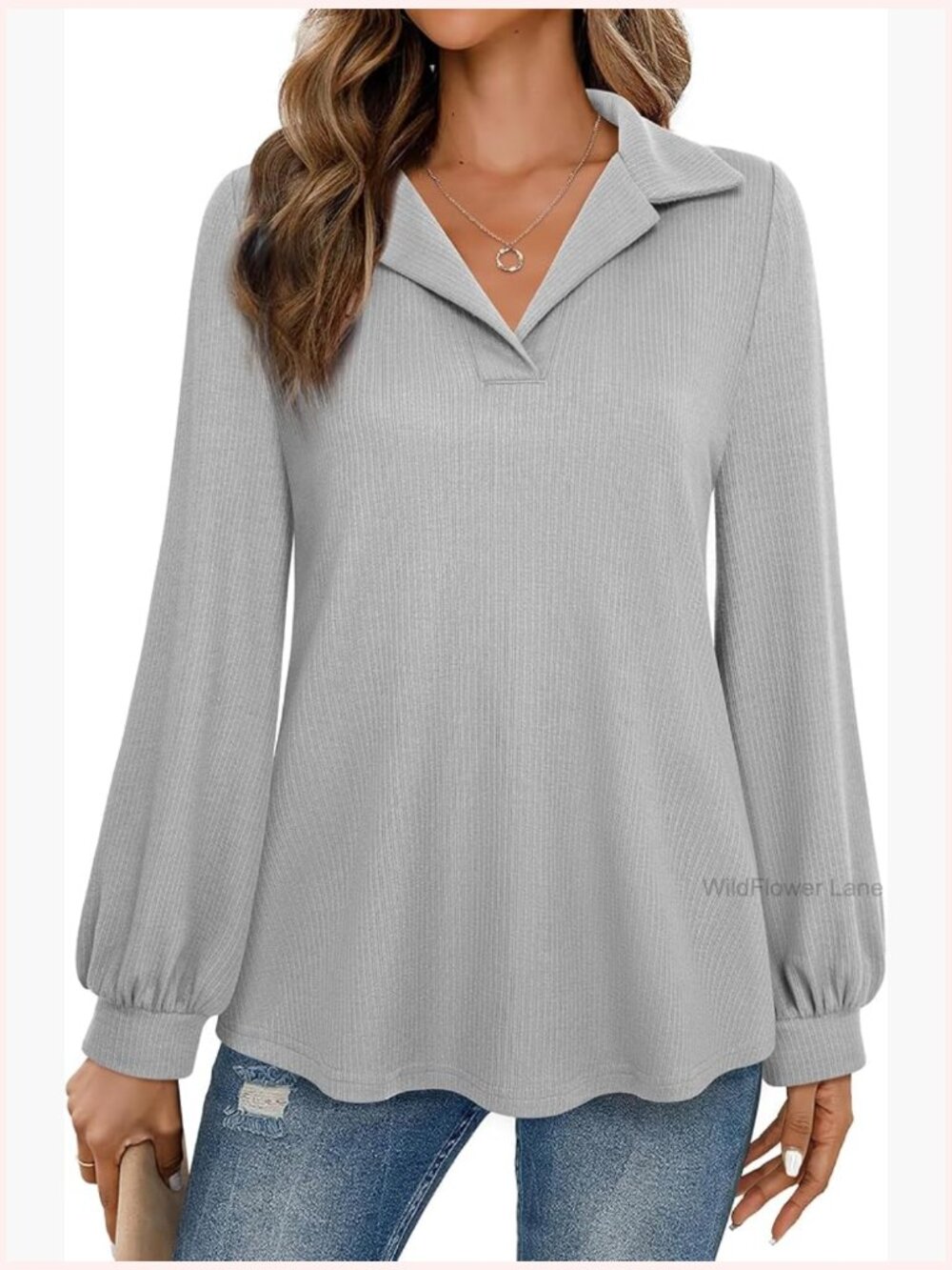 Dressy Collared Long Sleeve Ribbed Blouse Business Casual Work Top